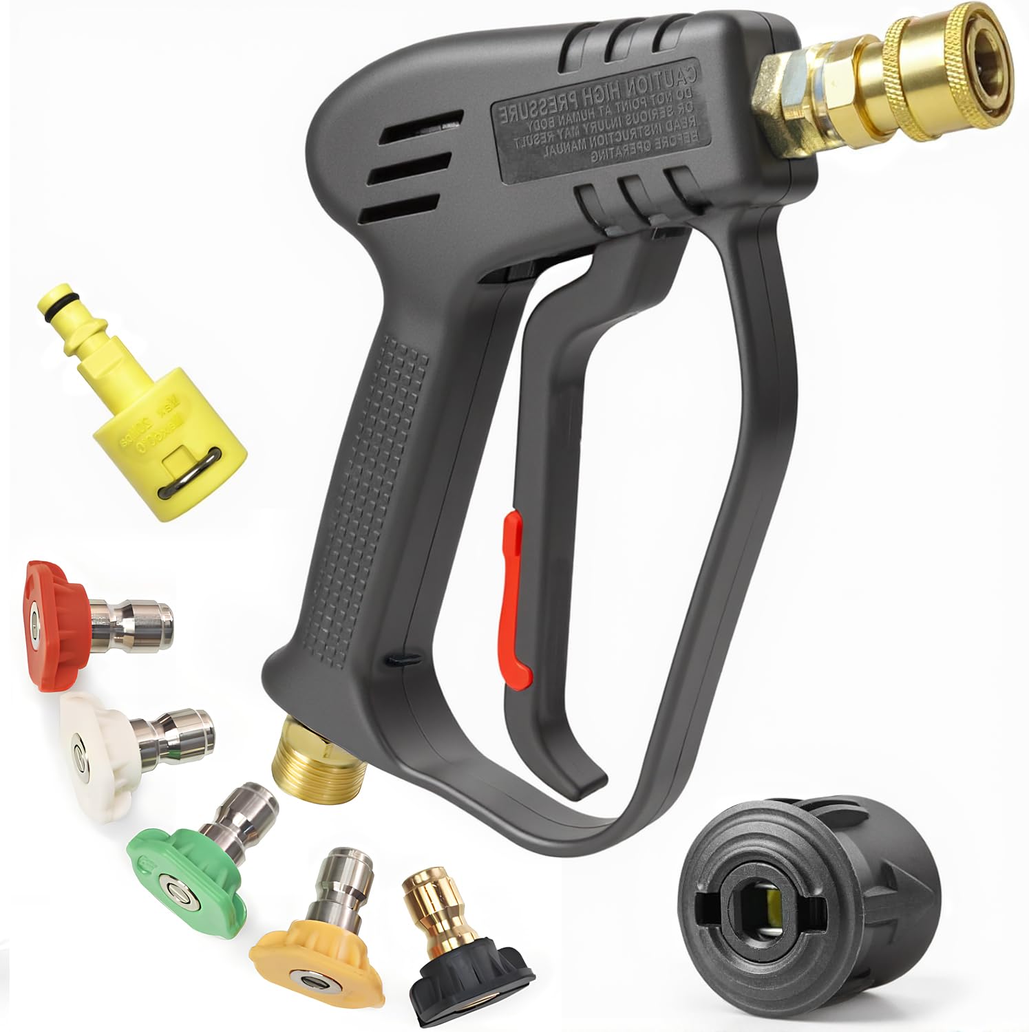 Pistolet haute pression court – Pièce à main de nettoyeur haute pression avec 5 buses ; pistolet compact haute pression compatible avec tous les tuyaux Kärcher série K ainsi que les tuyaux (Noir)