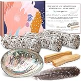 BARAKYEG Paquetes de Salvia Blanca, 3 Ramos de Salvia Blanca + 2 Palo Santo Concha de Halcón - Purificación Elimina Las Energías Negativas Incienso Natural para Quemar Anti Estrés Meditación Madera de