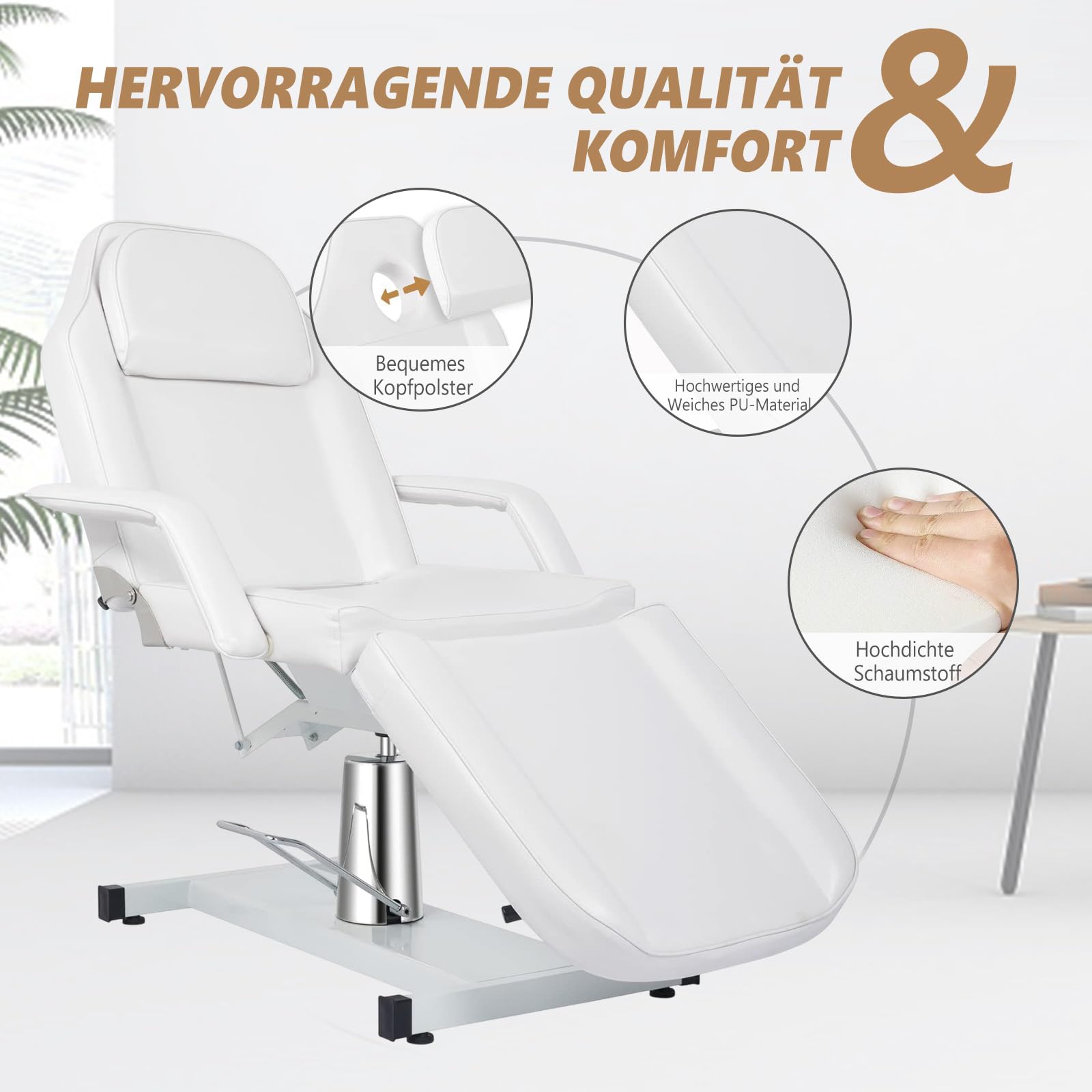 Bonnlo Hydraulischer Massageliege Kosmetikliege Gesichtsbett Massagetisch, Mehrzweck Tätowierungsstuhl mit 3 Abschnitten, Kosmetikerbett, verstellbare Schönheitssalon Spa Ausrüstung, Weiß
