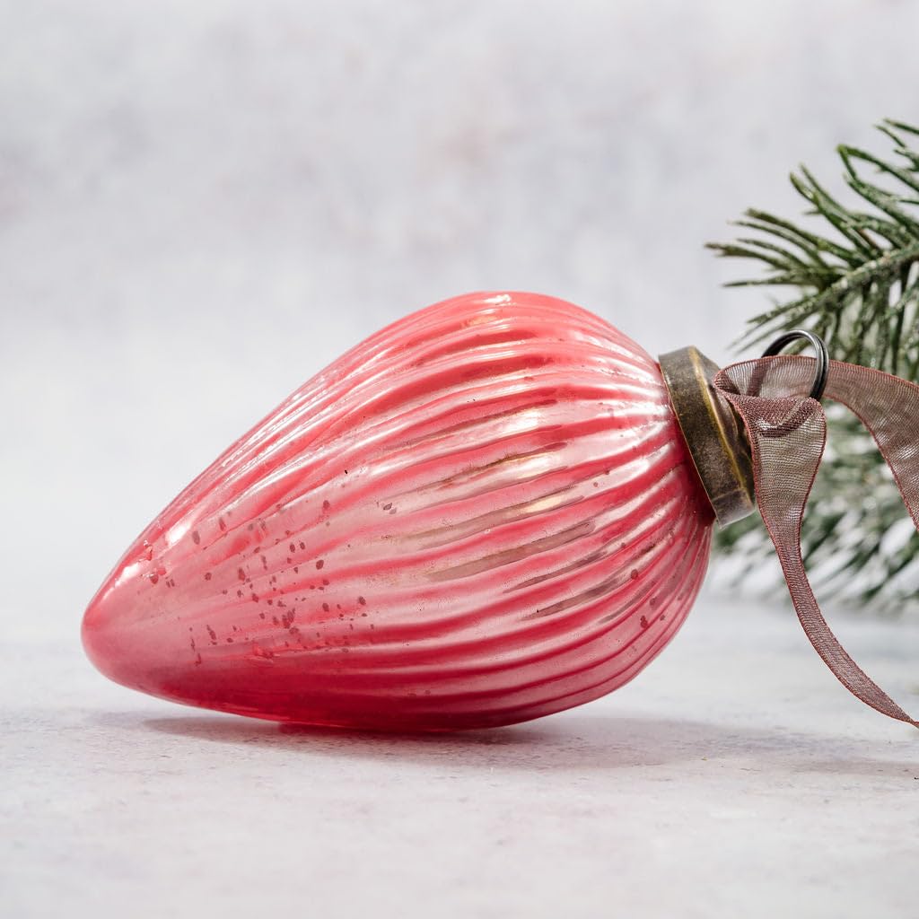 Arthur Cameron – 3" Extra Large Ribbed Crackle Glass Pinecone – Hand-Blown Glass Christmas Tree Decoration & Elegant Christmas Bauble for Winter Displays (Peach)