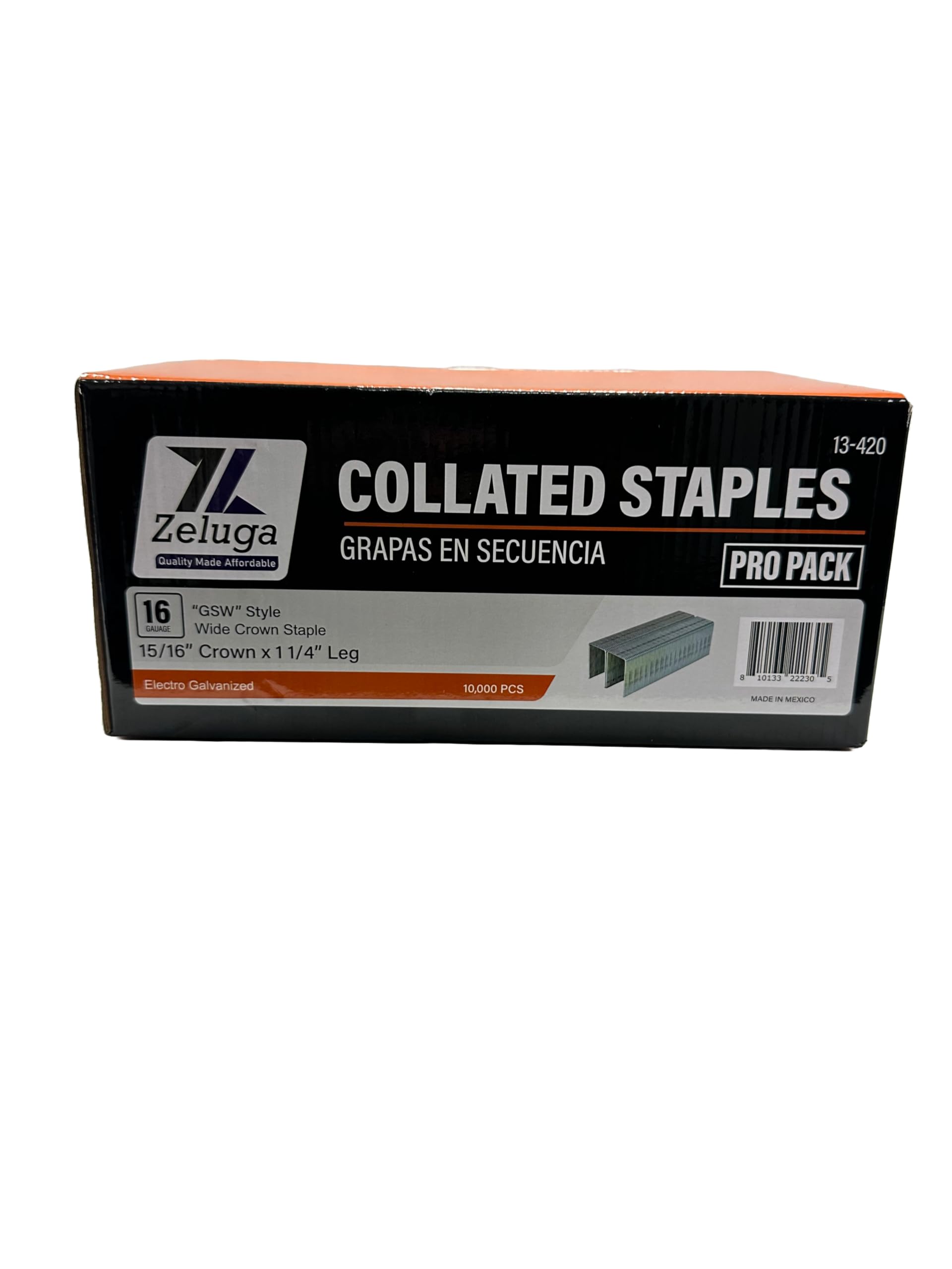 Zeluga 13-420 1-1/4 pulgadas x 15/16 pulgadas. Grapas de corona ancha galvanizadas de calibre 16 estilo GWS 10,000/caja