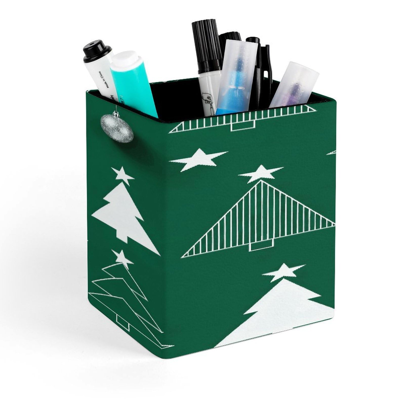LZQPOEAS Modern Christmas Rhythm Square Pen Pencil Holder PU Leather Pencil Cup Desktop Stationery Organizer Office Accessories Container