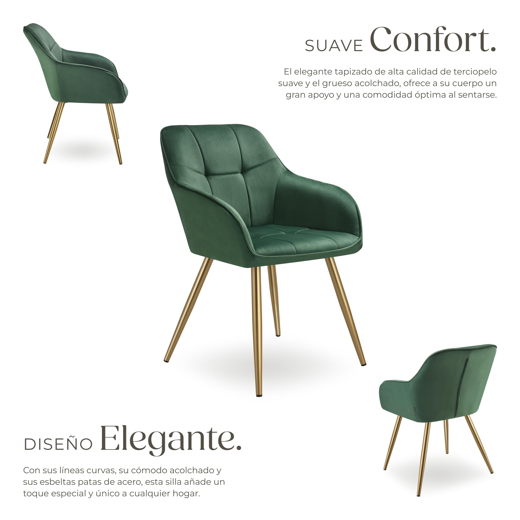 tectake® Sillas de Comedor Elegantes, Tapizado Aterciopelado, Respaldo Continuo, Sillas Comedor Modernas, Silla Dormitorio, Silla Nordica, Butacas de Salon - 1 Silla Verde Oscuro