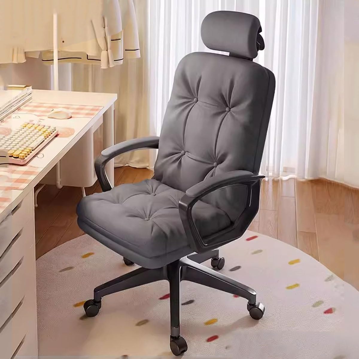 WDSOPK Home Office Executive Desk Chair Adjustable Height with Wheels Task Chair for Bedroom Soft Swivel Chair for Computer(K Grijs/B-Size)