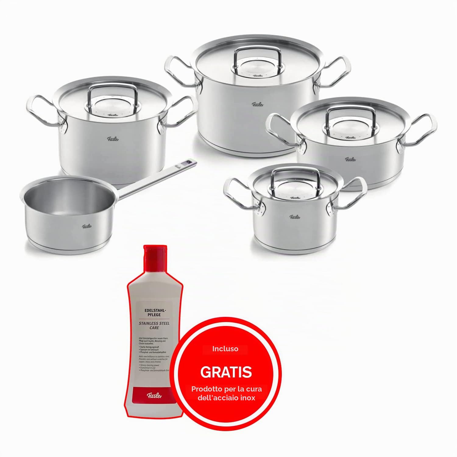 [Exclusive to Amazon] Fissler Juego de 5 cacerolas de acero inoxidable, incluye tapa de metal y cuidado de acero inoxidable, para inducción