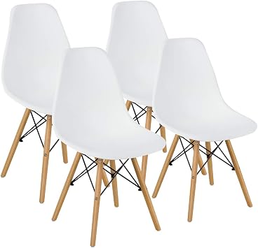 GOFLAME DSW Dining Chairs, Shell Plastic Chairs with Wood Legs, Modern Style Armless Chairs for Living Room Kitchen Bedroom, Eiffel DSW Style Side Chairs with Ergonomic Backrest Set of 4, White