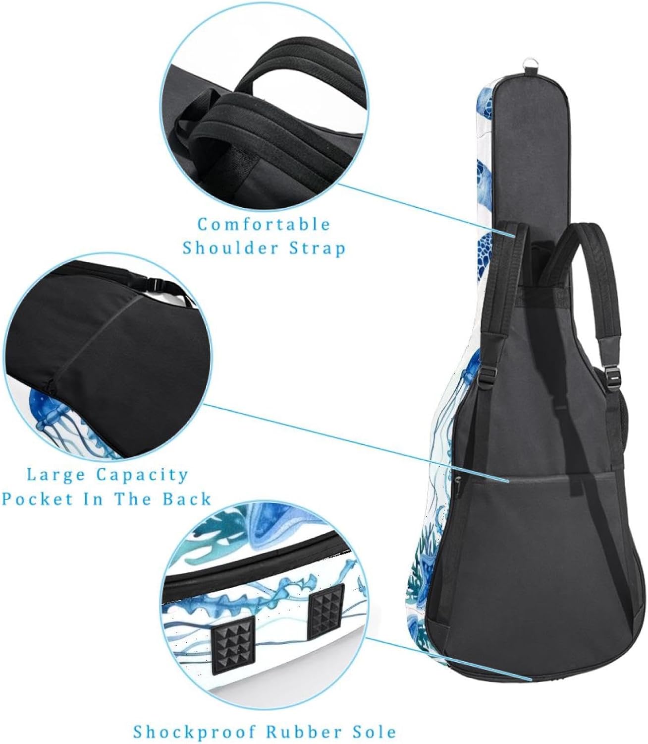 Acoustic Guitar Bag 0.4 Inch Thick Padding Waterproof Guitar Case Gig Bag for 40 41 42 Inch Electric Bass Classical Guitar, Blue Watercolor Sea Fish Turtle and Coral