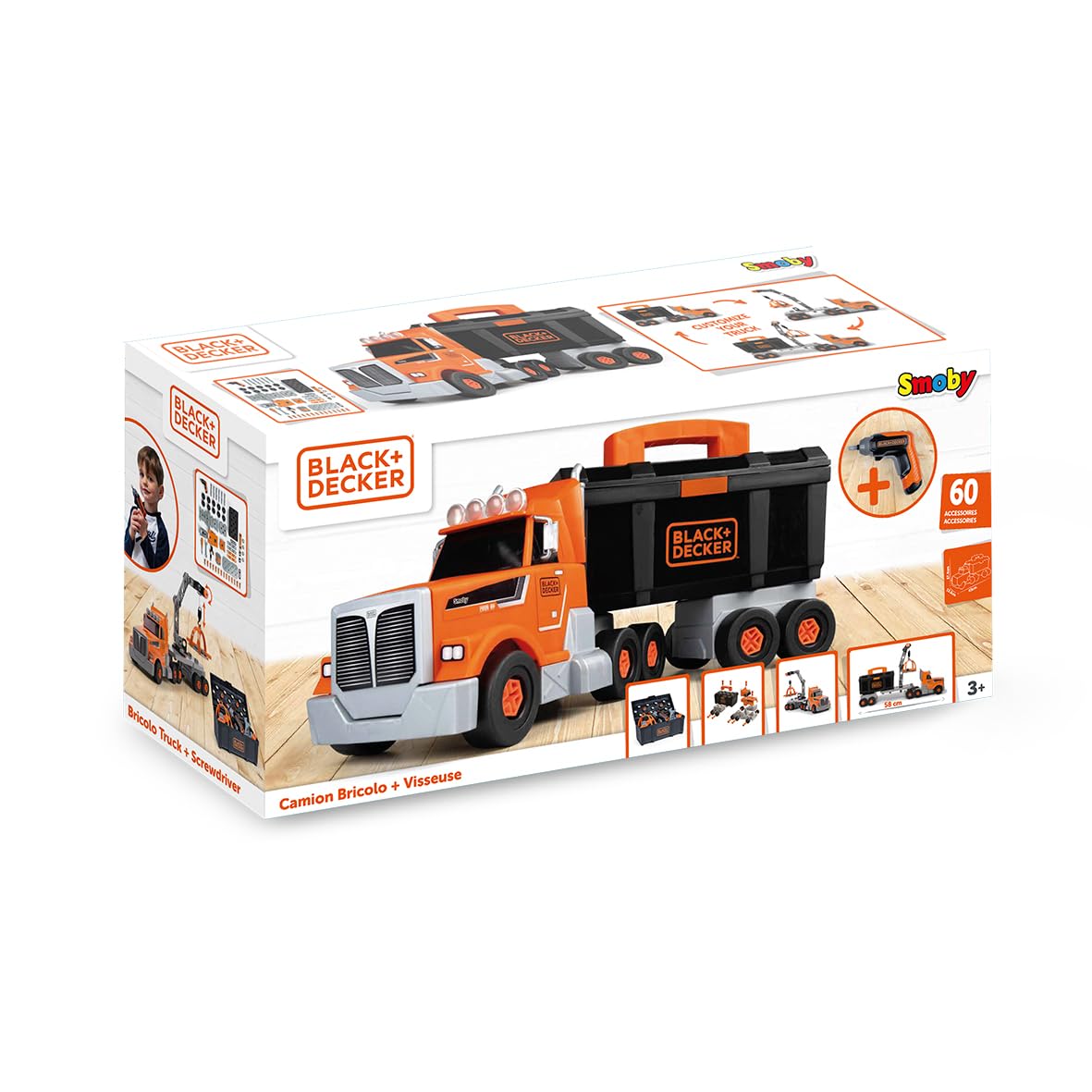 Smoby - Black+Decker - Camion Bricolo - Accessori Inclusi - Rimorchio - Maniglia per Il Trasporto - Gru da Costruzione - dai 3 Anni