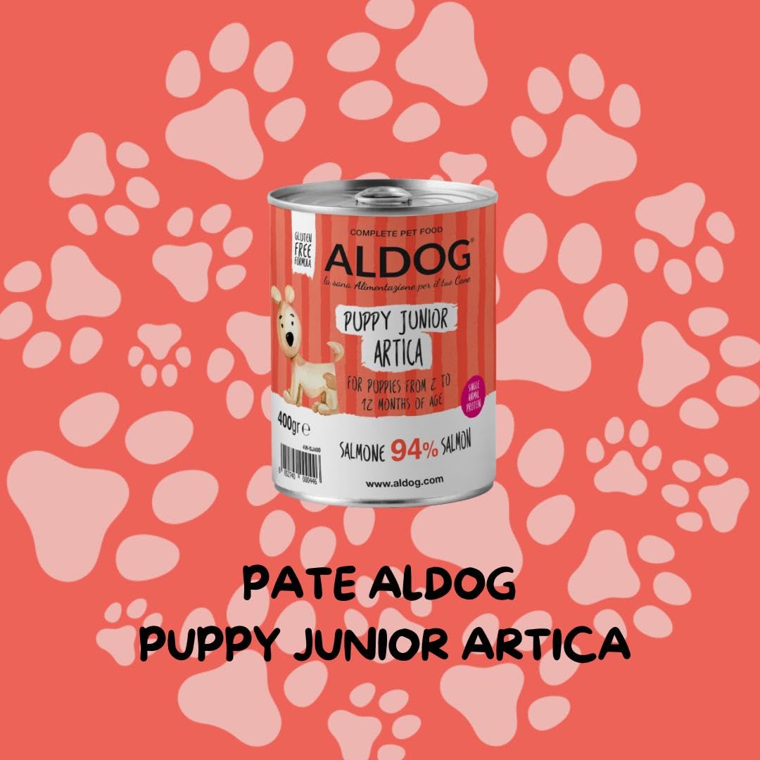 Puppy Aldog húmedo perro sabor salmón, paté para perros cachorros de todos los tamaños y razas, alimento completo para perros cachorros | 6 latas de 400 gramos cada una.