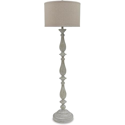 Signature Design by Ashley Bernadate Cottage Candlestick Design Poly Floor Lamp, 3-Way Switch, Cast Resin & Fabric Drum Shade, 18" W x 18" D x 61.13" H, Whitewash
