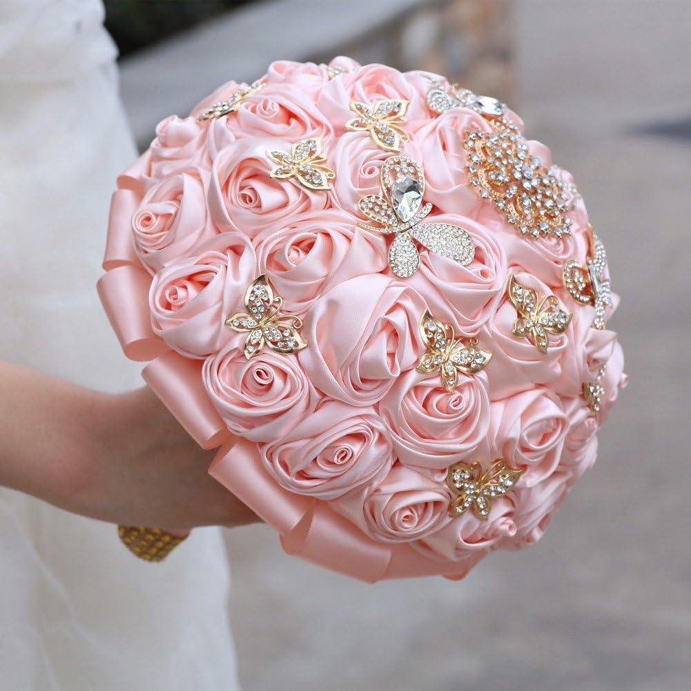 Hrippy Bouquet Sposa con Rose Artificiali in Raso E, Realizzate a Mano, Mazzolino Floreale per Matrimoni, Compleanni E Cerimonie.