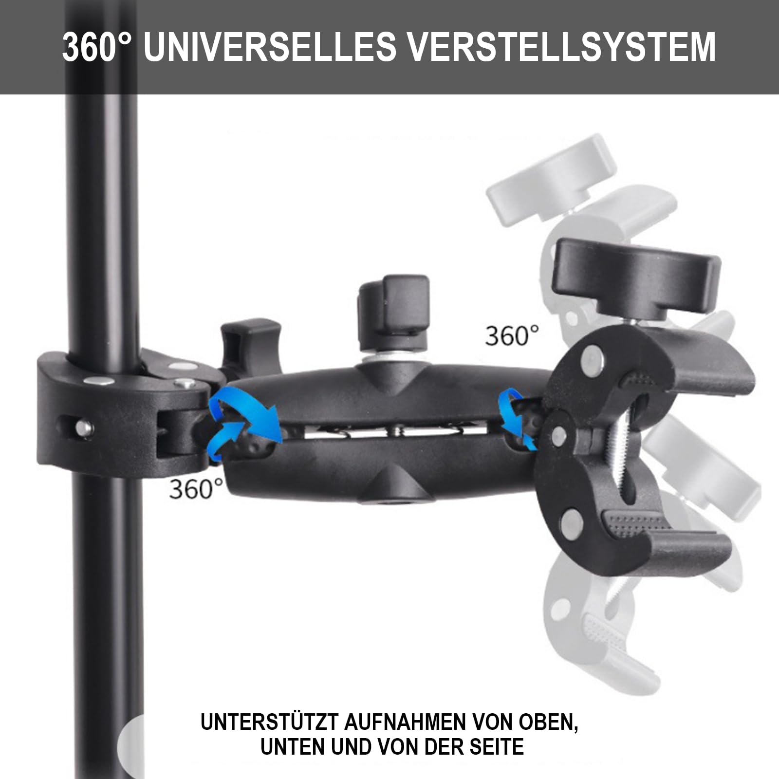 Motorrad Kamera Halterung Set mit Stützklemme und Selfie Stab Double Clamp