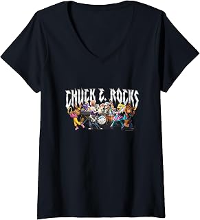 Womens Chuck E. Cheese Chuck E. Rock Band Group Shot Chest Logo V-Neck T-Shirt