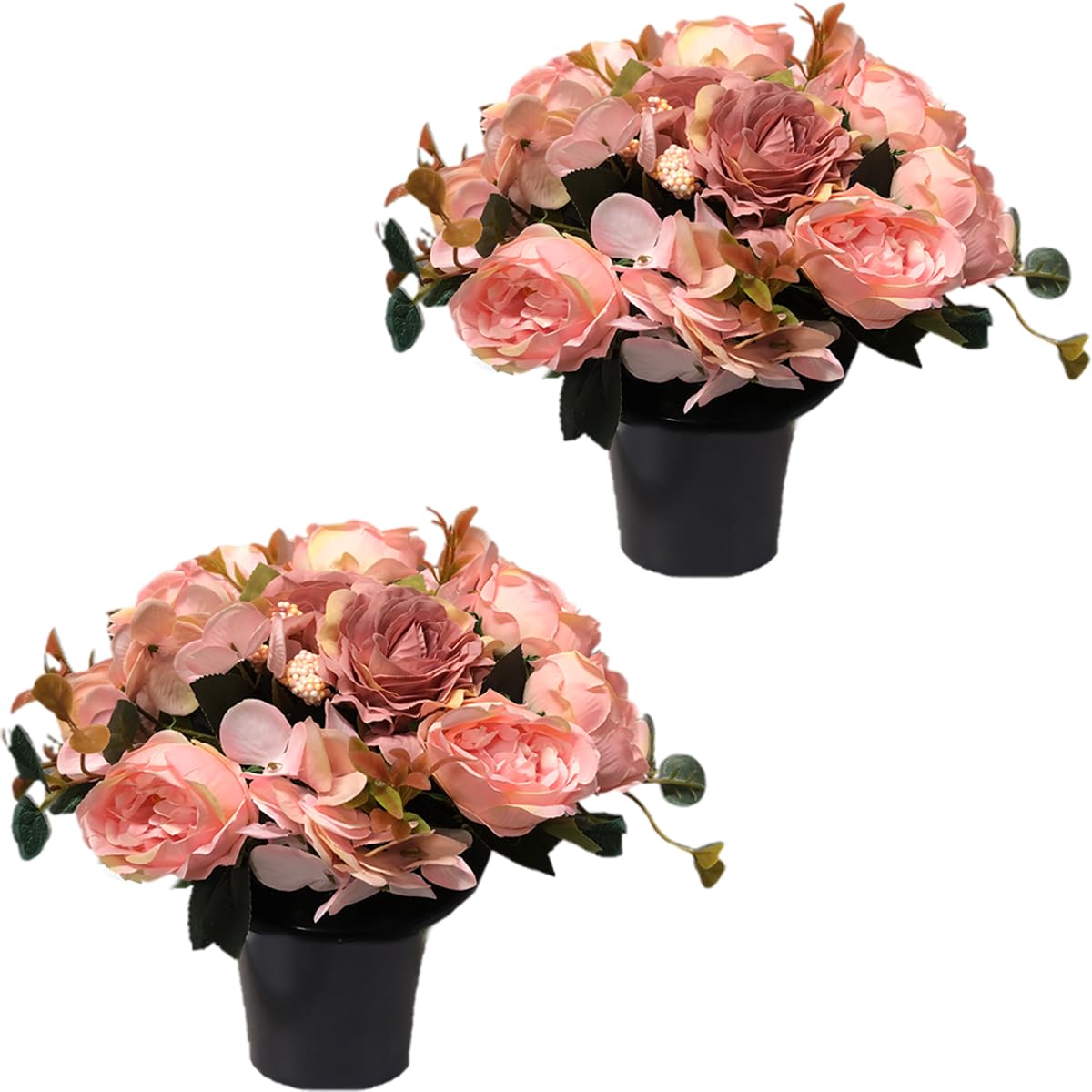 Etomvoop 2pcs Artificial Grave Flowers in Pots 12 Head Silk Rose Peony Hydrangea Cemetery Funeral Floral Real Like Fake Bouquet for Outdoor Graveside Memorial Home Decoration