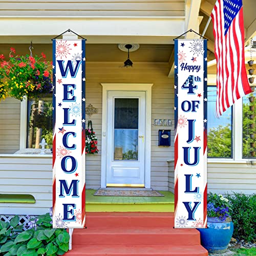 Image of Blulu 2 Pcs 4th / Fourth of July Banners Decorations for Outdoor Hanging Welcome Porch Sign Patriotic Independence Day Hanging Flag Memorial Day Banners Decorations for Party Door Home(Stylish Style)