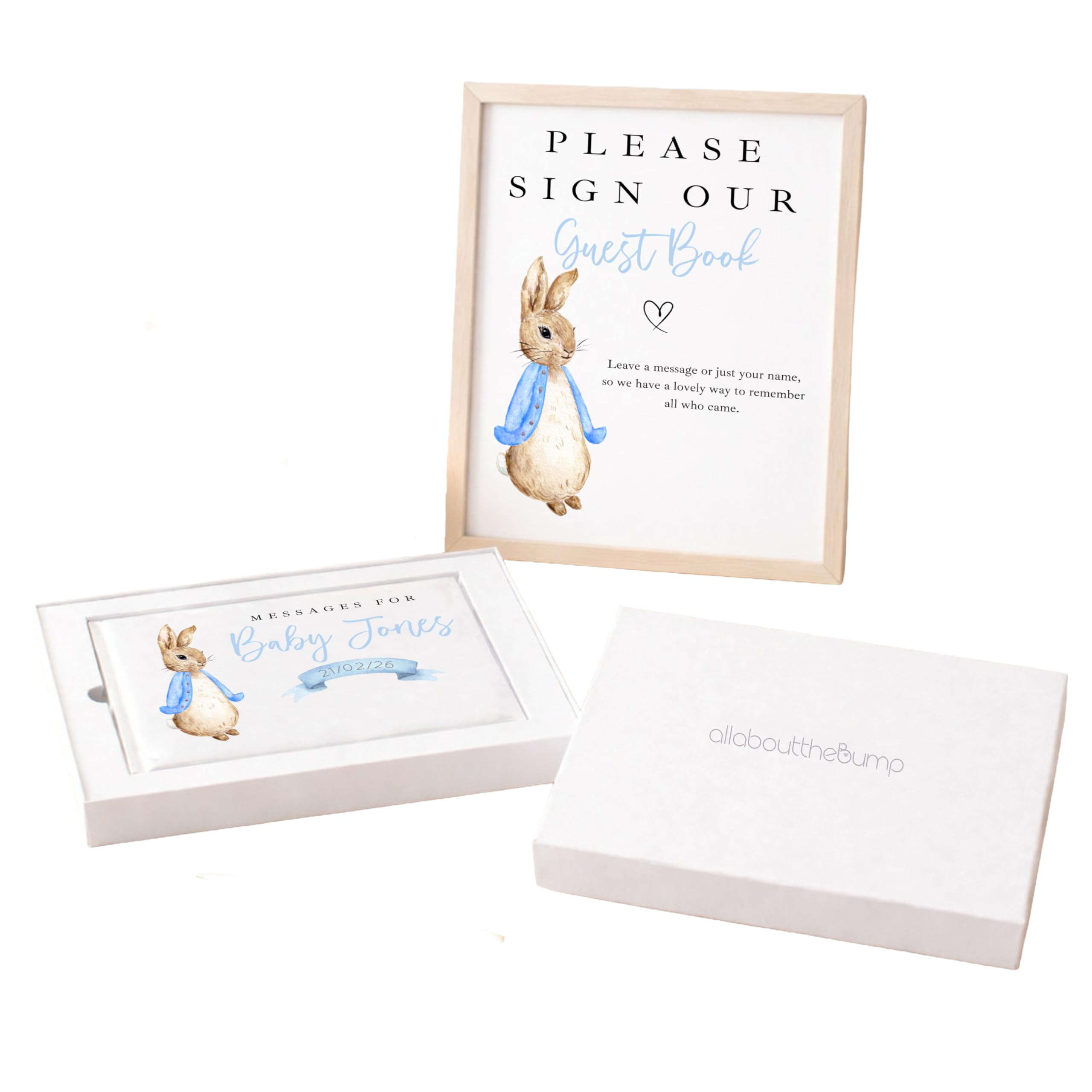 Personalised Baby Shower Guest Book and Sign Set, Peter Blue Classic Rabbit Theme, 23 x 17.5 cm, 80 Pages, Blue and White (Book & Sign: Boxed)