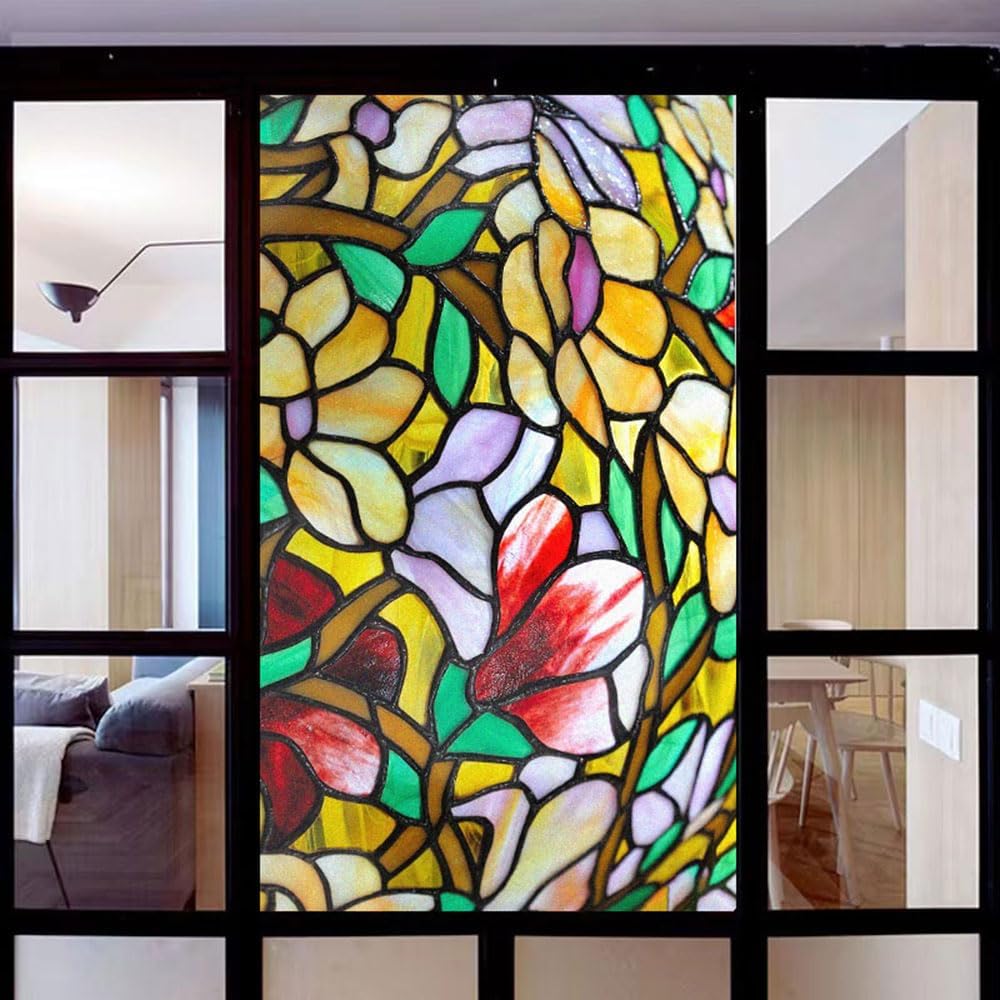 Stained Glass Church Style Decorative Privacy Window Film Static Cling No Adhesive Heat Control Glass Sticker for Home Office W16.5 x H47.2(42x120cm)
