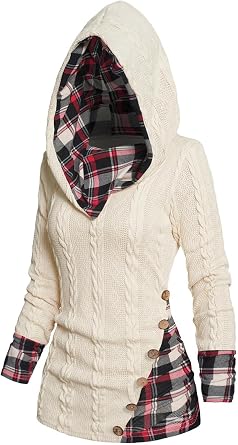 DRESSFO Womens Cable Knit Hooded Sweater Plaid Panel Pullover with Mock Buttons and Ruched Shawl Neck