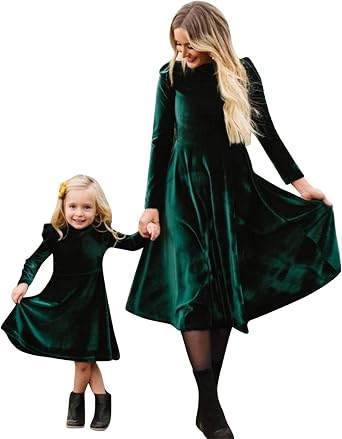 Mommy and Me Dress Ruffle Long Sleeve Casual Christmas Party Velvet Dress Mother Daughter Family Matching Dress Clothes