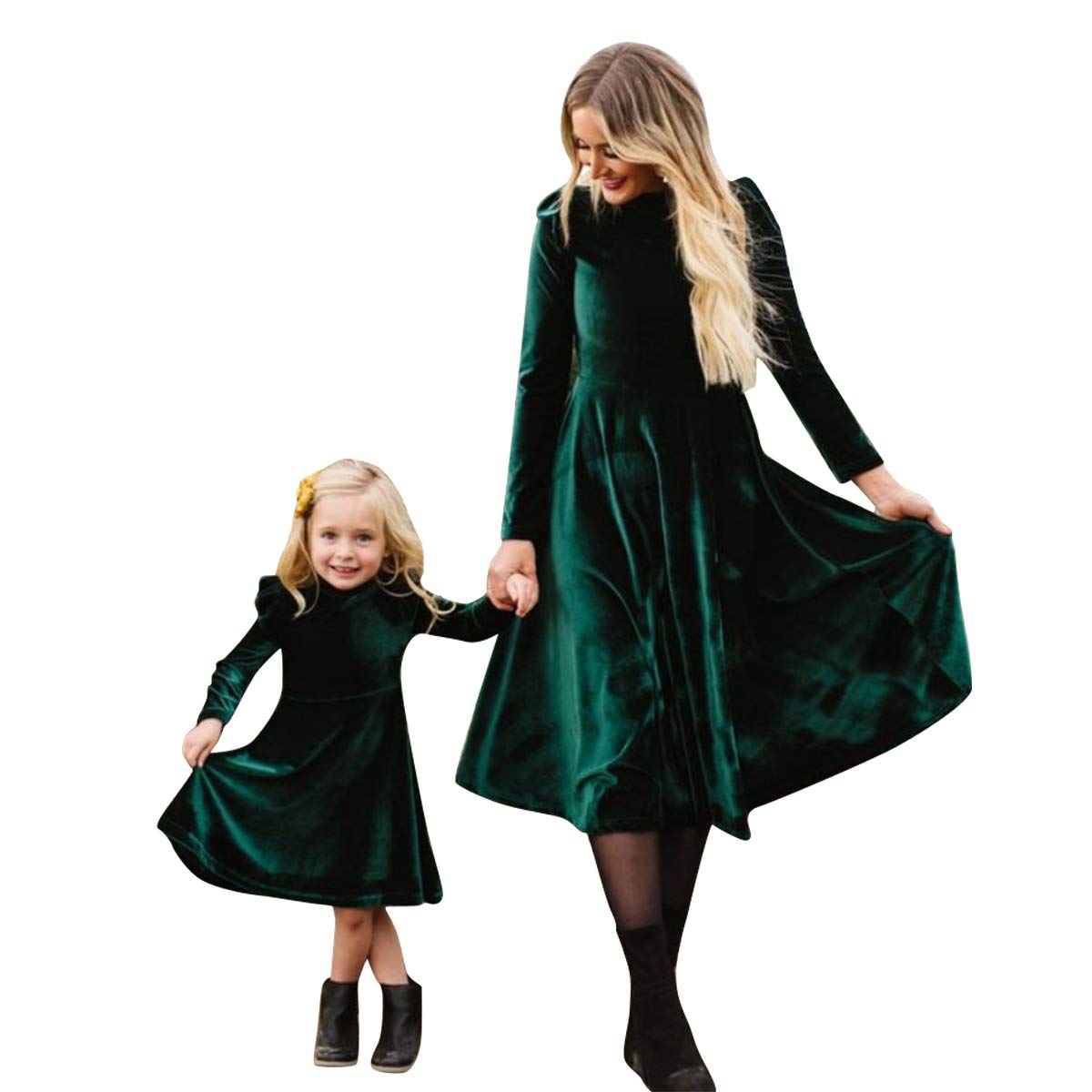 Mommy and Me Kleid Rüschen Langarm Casual Weihnachten Party Samtkleid Mutter Tochter Familie Passendes Kleid Kleidung