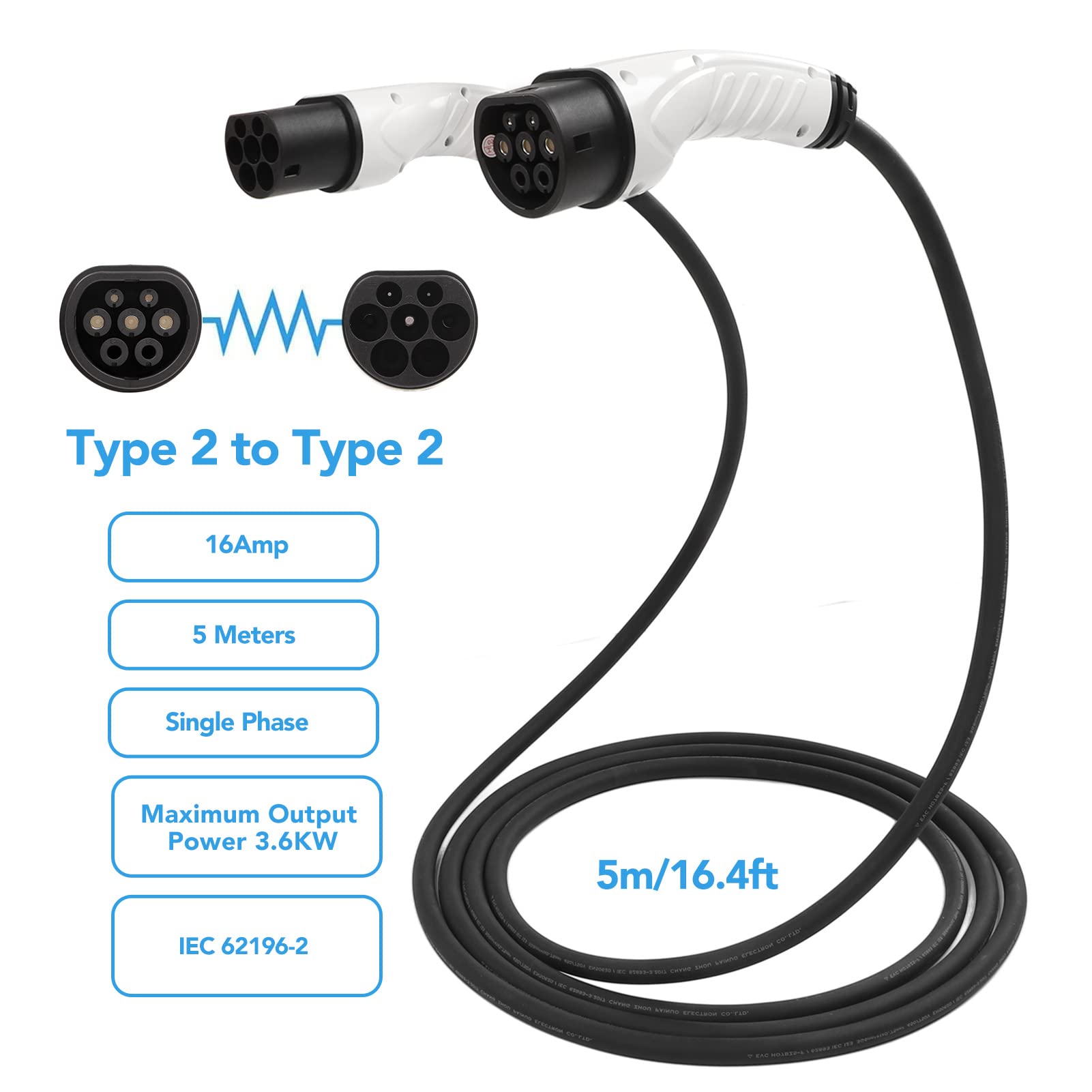 Kabel ładujący Yctze EV 250 V 16 A Typ 2 do Typu 2 3,6 KW Przewód ładujący EV Ładowarka EV Kabel ładujący EV Ładowarka do Pojazdów Elektrycznych Ładowanie Przedłużacza EV