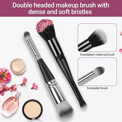 Miniatura 5 de Brocha de maquillaje de doble extremo, ideal para líquidos, crema, polvo, mezcla, pulido, corrector, (plata, negro) 2 unidades