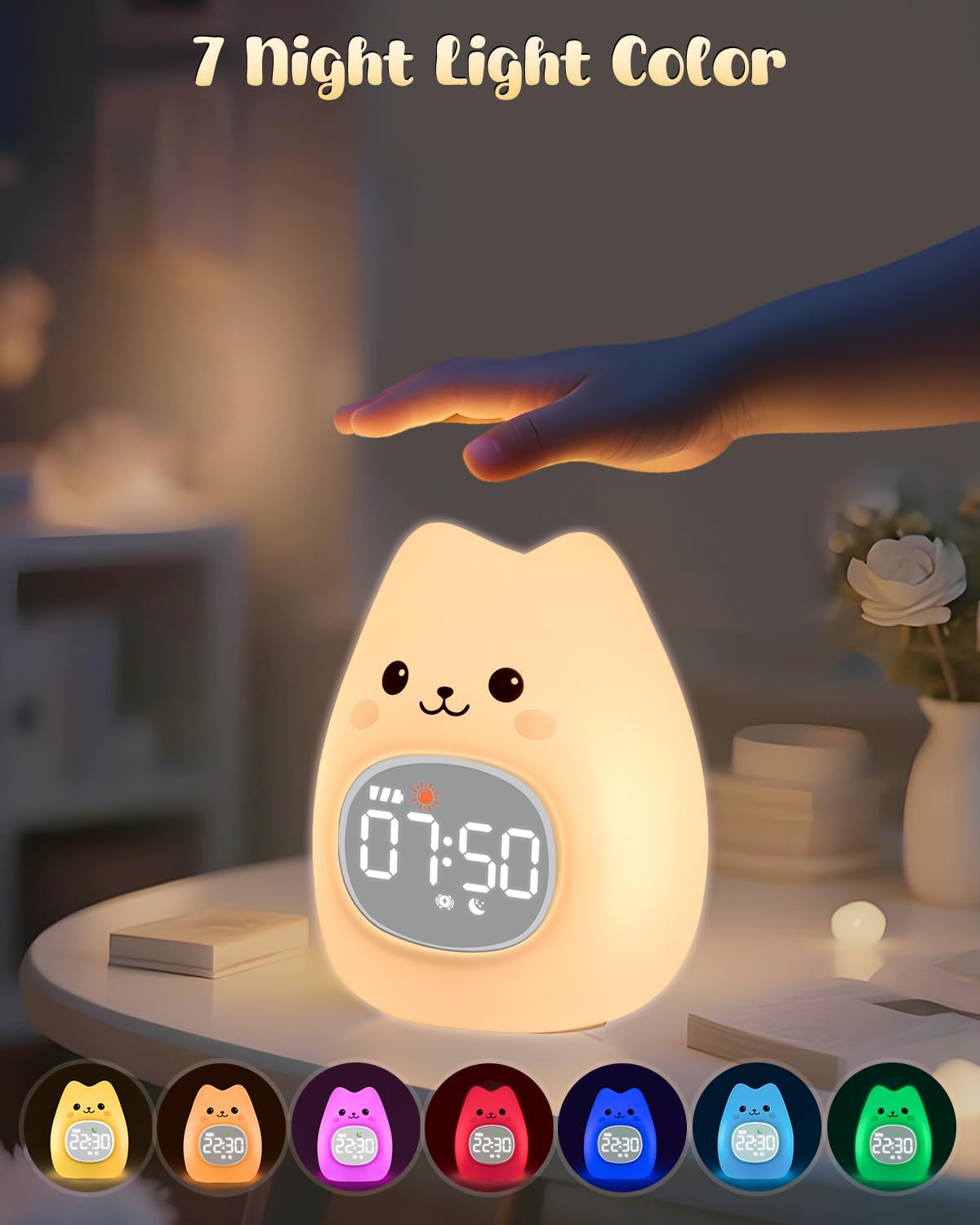 Yiliaw Cat Alarm Clock for Kids with Night Light, Sleep Training Clock Time to Wake Clock, Rechargeable Silicone Light for Bedroom, Perfect Sleep Companion for Boys Girls