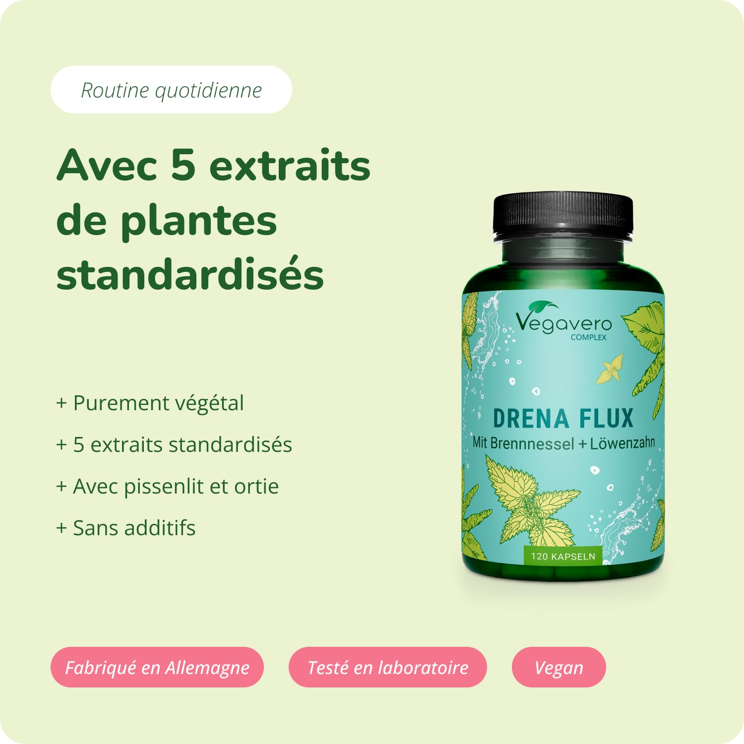 Draineur & Detox Vegavero® | 100% NATUREL | Rétention d’eau + Diurétique Puissant | Ortie, Pissenlit, Bouleau, Piloselle et Orthosiphon | Sans Additifs | 120 Gélules (4 mois) | VEGAN