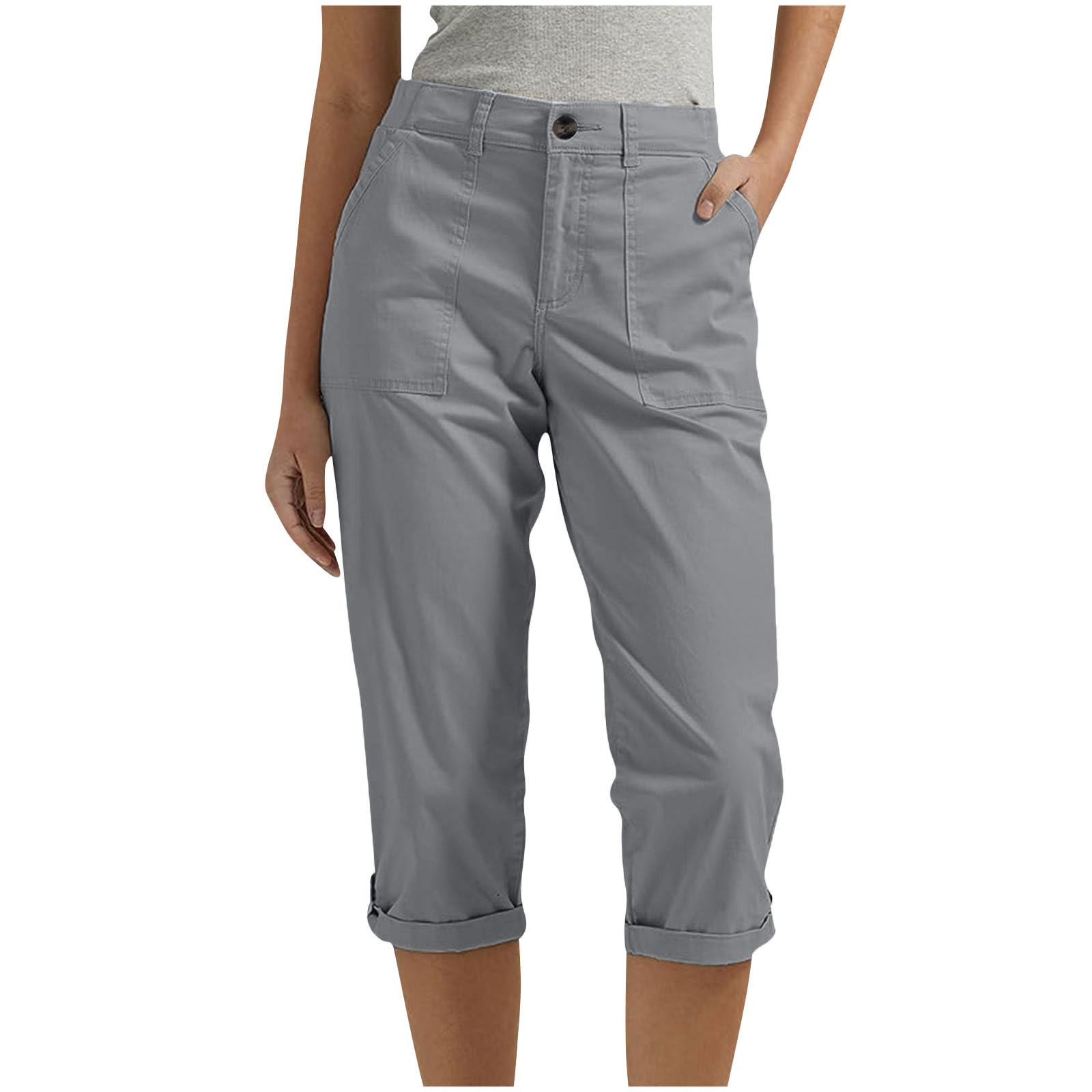 LRMQS Capri Pants for Women with Pockets Button Cargo Cropped Pant Casual Summer Straight Leg Knee Length Long Bermuda Capris