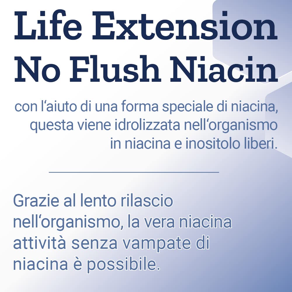 Life Extension, No-Flush Niacin (Vitamina B3 senza Sciacquo), Altamente Dosato, 100 Capsule, Testate in Laboratorio, Senza Glutine, Senza Soia, Non OGM