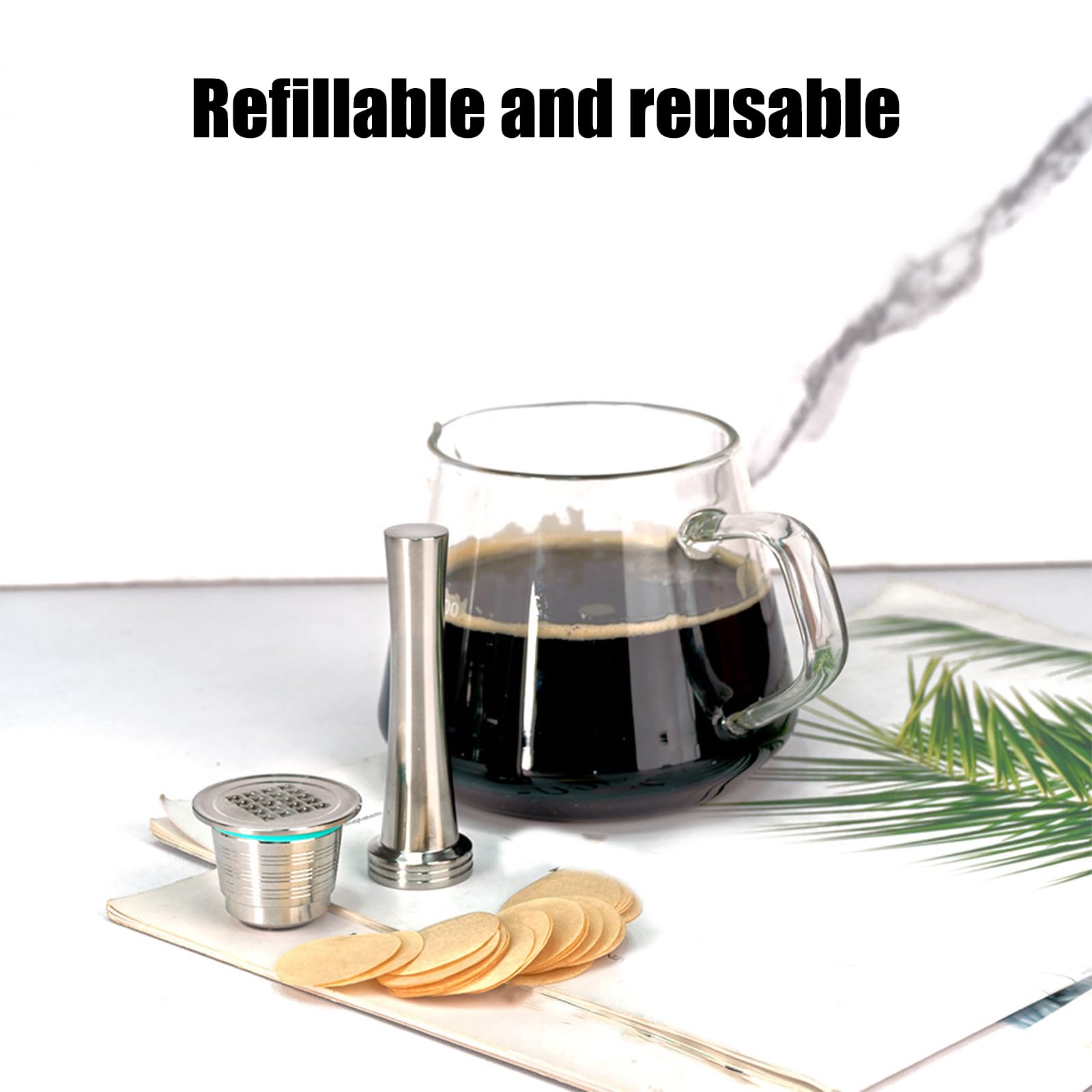 Greabuy Cápsulas de café de acero inoxidable con cuchara, papel de filtro y cepillo para mantenimiento de máquinas, juego de accesorios de café