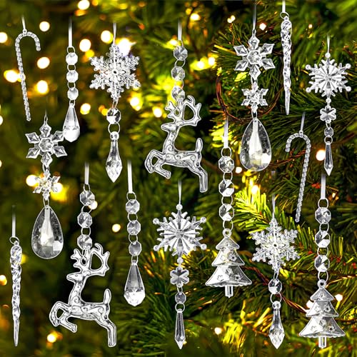 Japior 18 PCS Snowflake Ornaments - Crystal Christmas Decorations with Acrylic Icicle Clear Hanging Ornaments for Winter Party Decoration