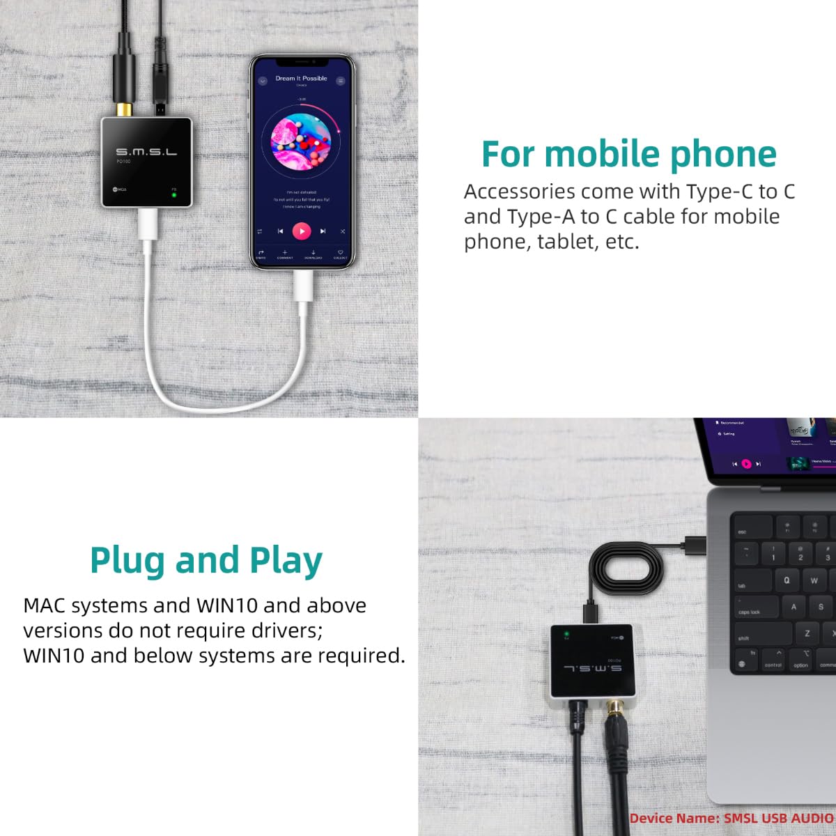 SMSL PO100 2024 XU316 Digital-zu-Analog-Audio-Wandler, MQA-Entschlüsselung USB zu Toslink Coaxial/Optischer Audio-Adapter, Mini USB-zu-Coaxial-Kabel-Adapter für Handy/PC/Player/Streamer (Schwarz)