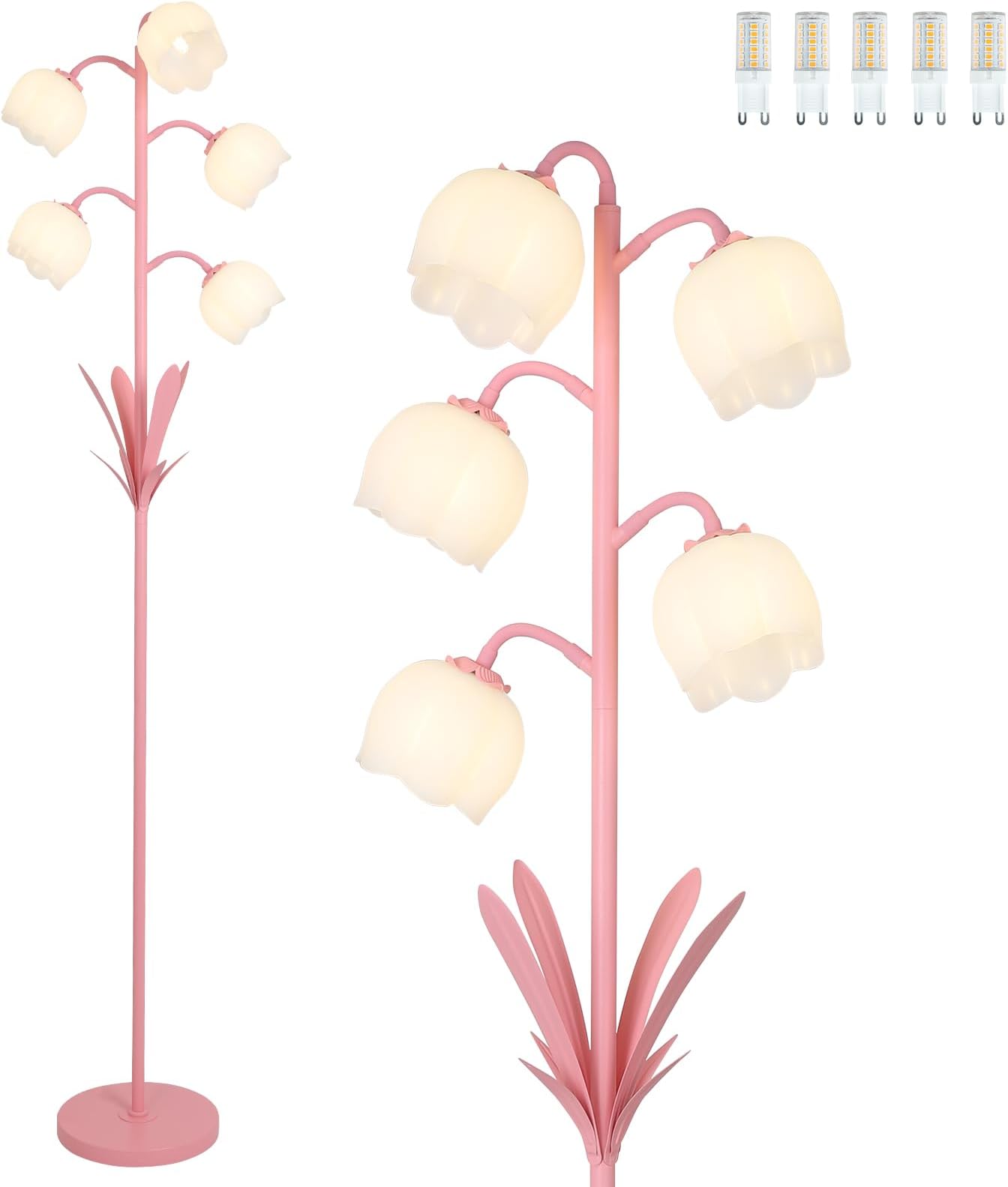 Pink Flower Floor Lamps for Living Room, Modern Floor Lamp with 5 LED Bulbs, Adjustable Standing Lamps for Bedroom Girls Room, Dresser, Kid's Room, Corner Tall Lamp Ambient Lighting for Home Decor