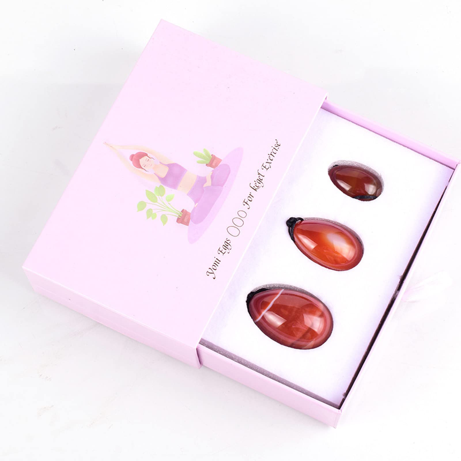 3Pcs Natural Carnalian Yoni Egg Set Femmes Kegel Exercice, 3 œufs avec boîte