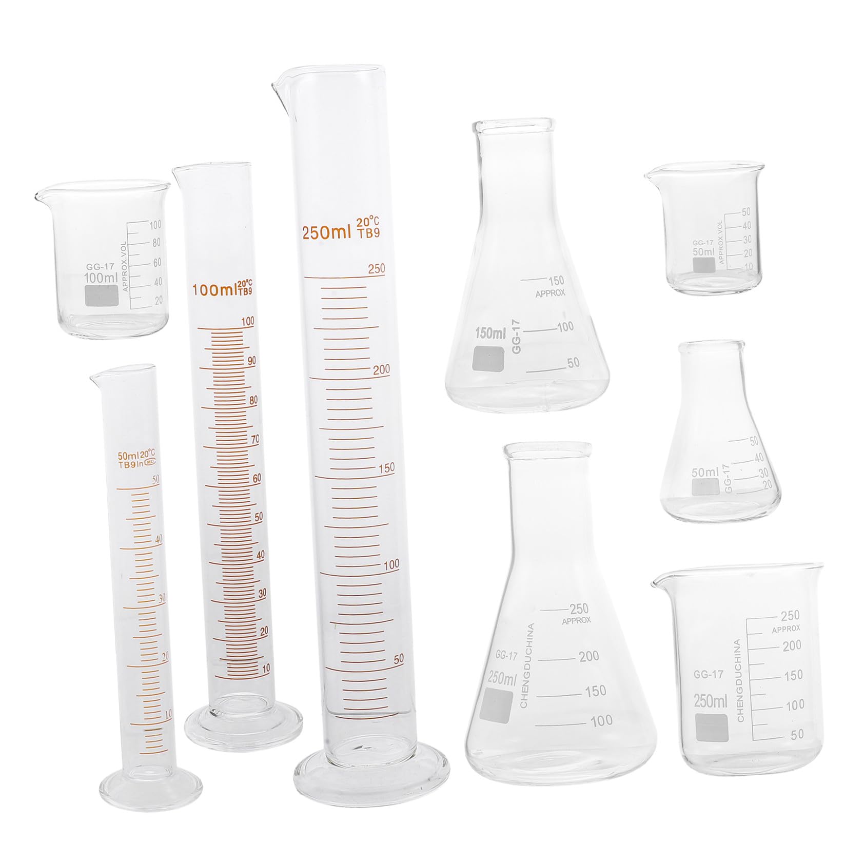 ULTECHNOVO 9piezas Cristalería Para Laboratorio Científico Incluye Vaso Medidor Escala Probeta Graduada De Vidrio y Matraz Erlenmeyer Para Experimentos Casa o Escuela
