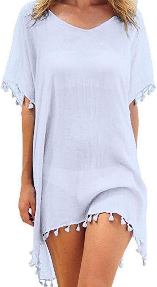 YONHEE Women's Chiffon Tassel Swimsuit Summer Beach Cover Up Swimwear Dress Beachwear (White)
