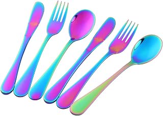 Flatware Silverware sets, 6pcs 18/8 Stainless Steel Cutlery Serving for 2, BPA-free Self-feeding Safe Utensils, Mirror Polished (Rainbow)