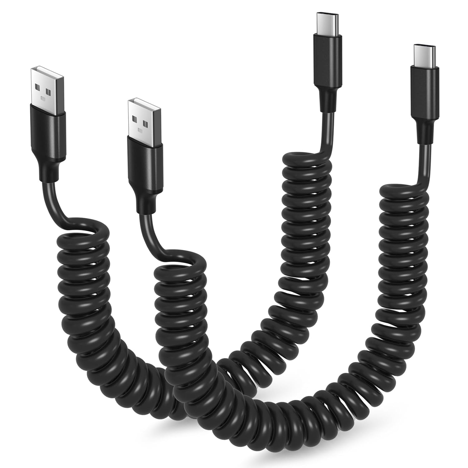 Coiled USB C Cable for Carplay, Retractable USB A to Type C Fast Charging | 3ft Car Charger Cord 60W 3A for iPhone 17 16 15 Pro Max Plus Galaxy S26 S25 Ultra S24 FE S23 A15 A54 Android Phone-2Pack