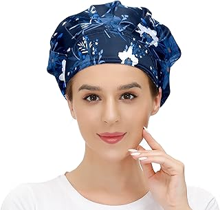 Working Cap with Button and Sweatband Adjustable Tie Back Bouffant Hats Printed Multi Color for Woman ManSeamless Pattern