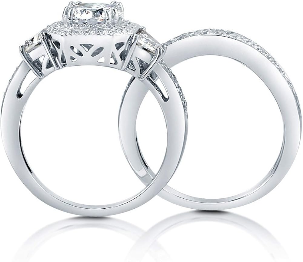 BERRICLE Rhodium Plated Sterling Silver Round Cubic Zirconia CZ Art Deco Halo Wedding Engagement Ring Set 2.2 CTW : Clothing, Shoes & Jewelry
