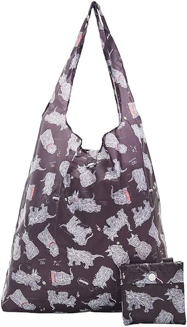 Eco Chic Lightweight Foldable Reusable Shopping Bag | Water Resistant Shopping Tote Bag | Folds Into Attached Pouch for Storage | Made from Recycled Plastic Bottles (Scatty Scotty Black)