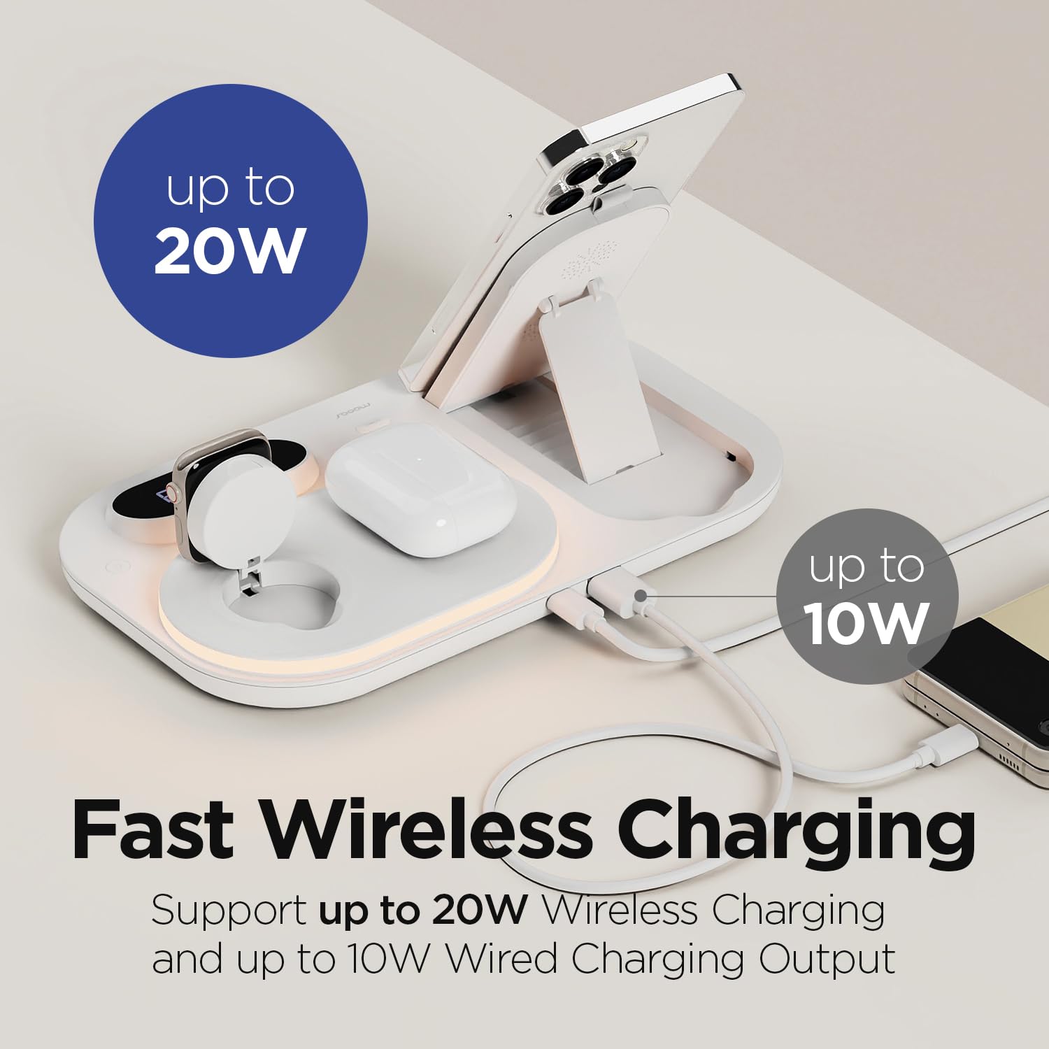 mooas Orologio 4 in 1 con ricarica wireless veloce, stazione di ricarica wireless con orologio LED, compatibile con iPhone 12, Galaxy S22, LG V50 e più recenti, Airpods, Galaxy Buds, Apple Watch