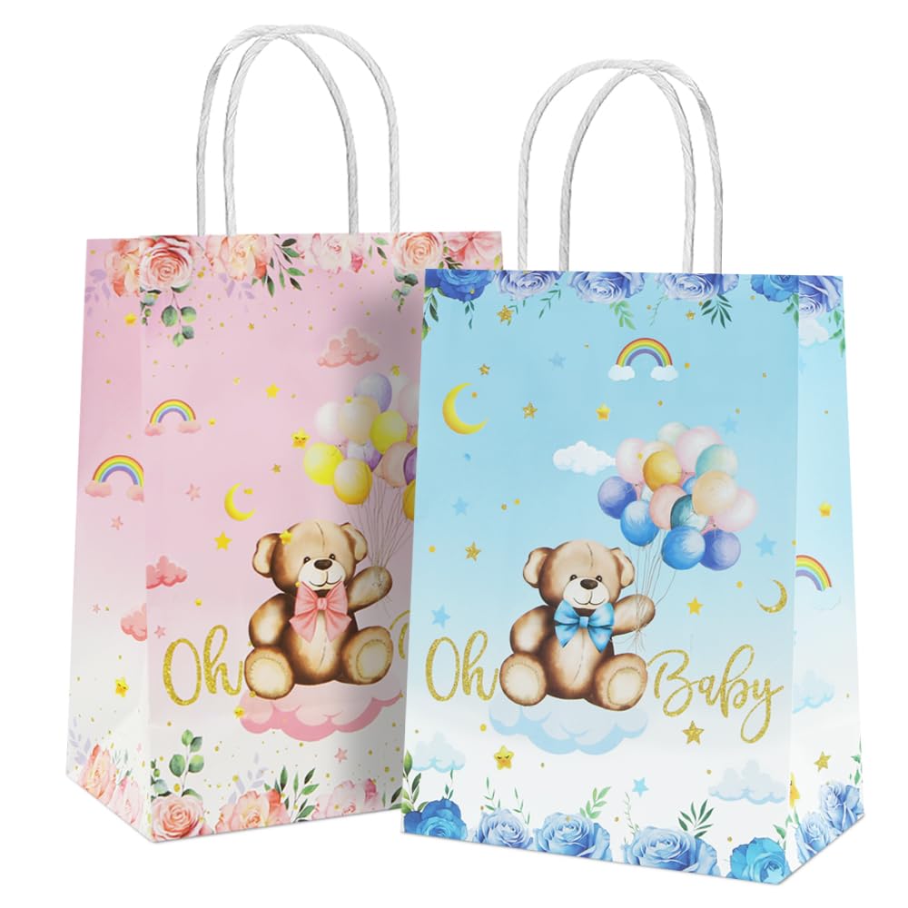12Pcs Oh Baby Party Favors Bags Bear with Rose Design Gift Bags with Handles Pink and Blue Goodies Candies Paper Packing Bag for Kids Birthday Baby Shower Boy or Girl Gender Reveal Decoration