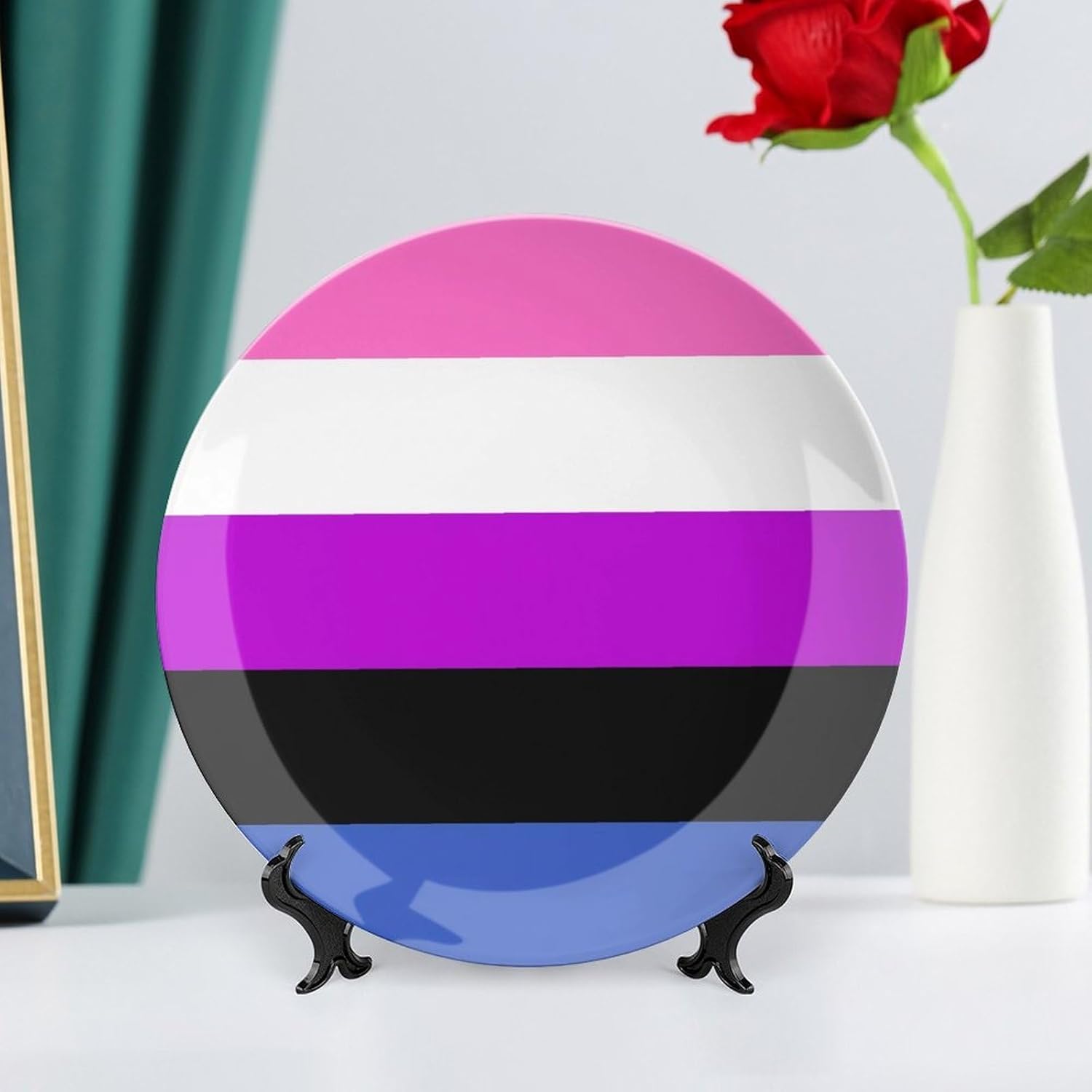 Genderqueer Flag Novelty Decorative Plate with Display Stand Ceramic Ornament Hanging Wall Decor