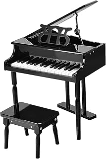 HOMGX Classical Kids Piano, 30 Keys Wood Grand Piano w/Bench Stand, Musical Instrument Educational Toy, Birthday Gift for Toddlers 3+ Boys Girls (Straight Leg, Black)