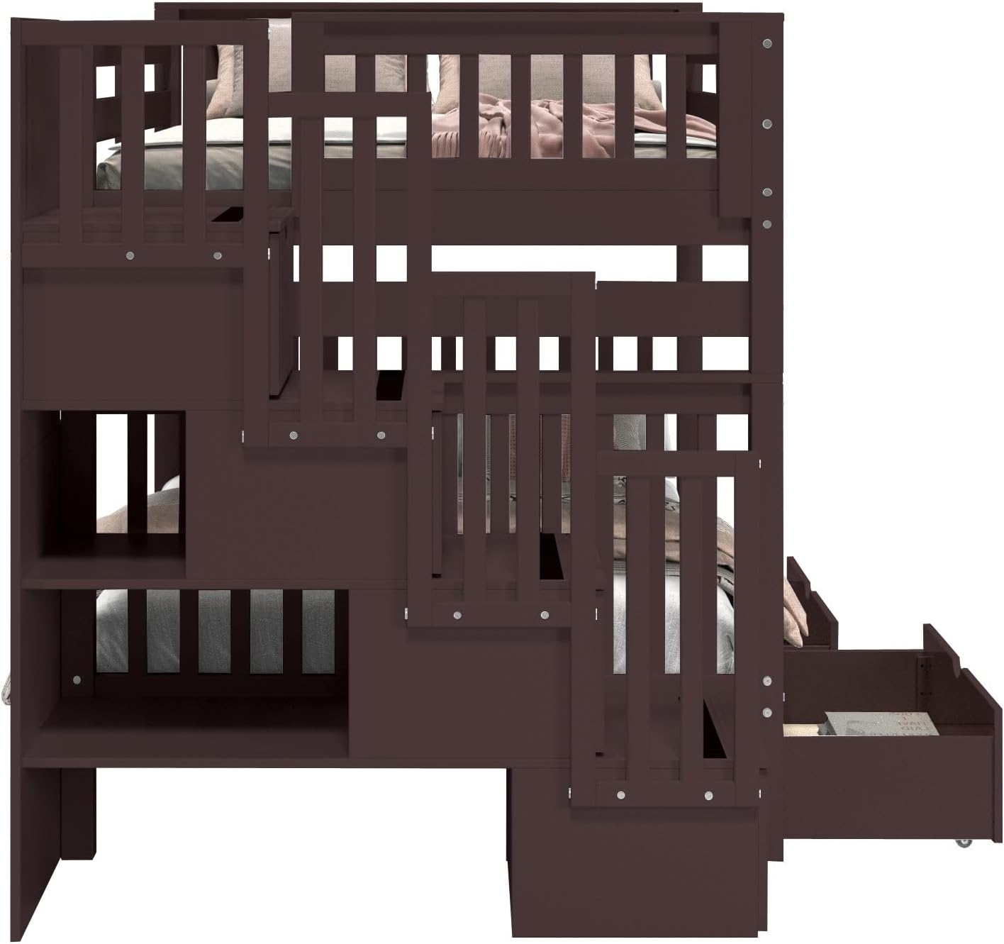 Bedz King Stairway Bunk Beds Full Over Full with 4 Drawers in the Steps and 2 Under Bed Drawers, Dark Cherry