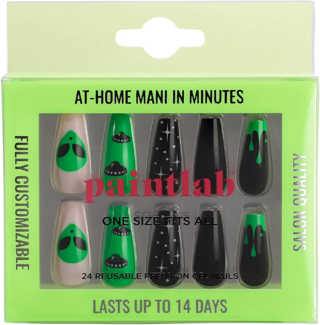 PaintLabPress On Nails, 24 Piece Fake Nails Kit Plus Nail Glue, Nail File, Prep Pad and Cuticle Stick, Gel Nail Kit for Women and Girls, Alien
