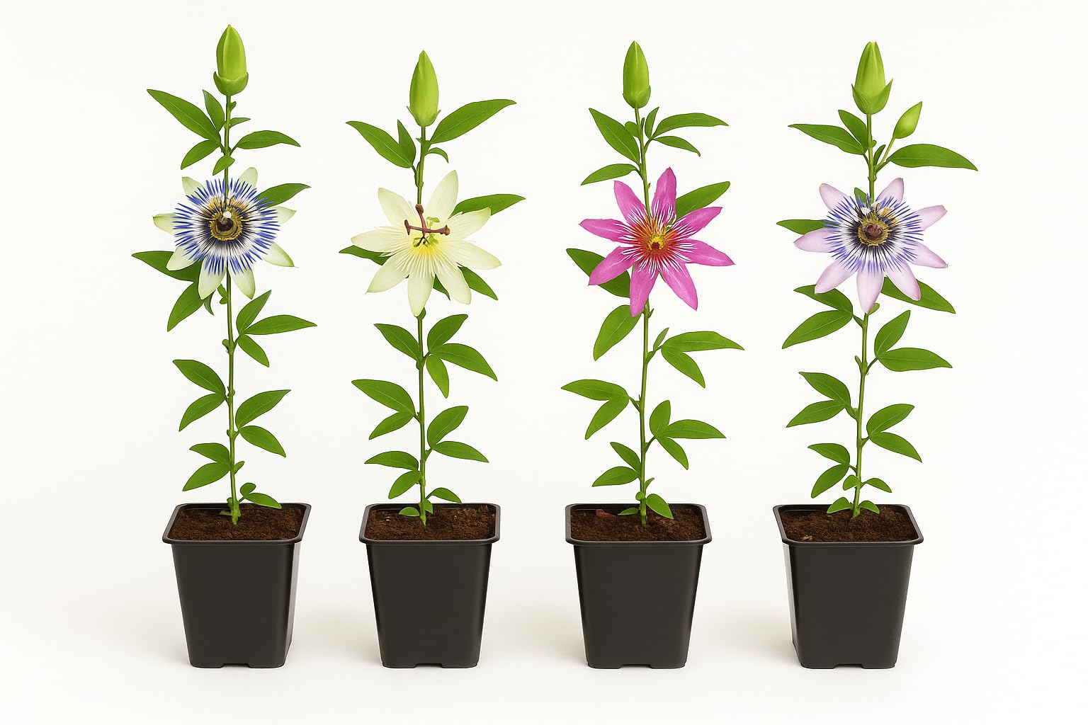 Exotenherz Piante rampicanti, fiori della passione, Passiflora Rainbow, set da 4 pezzi, vaso da 11 cm