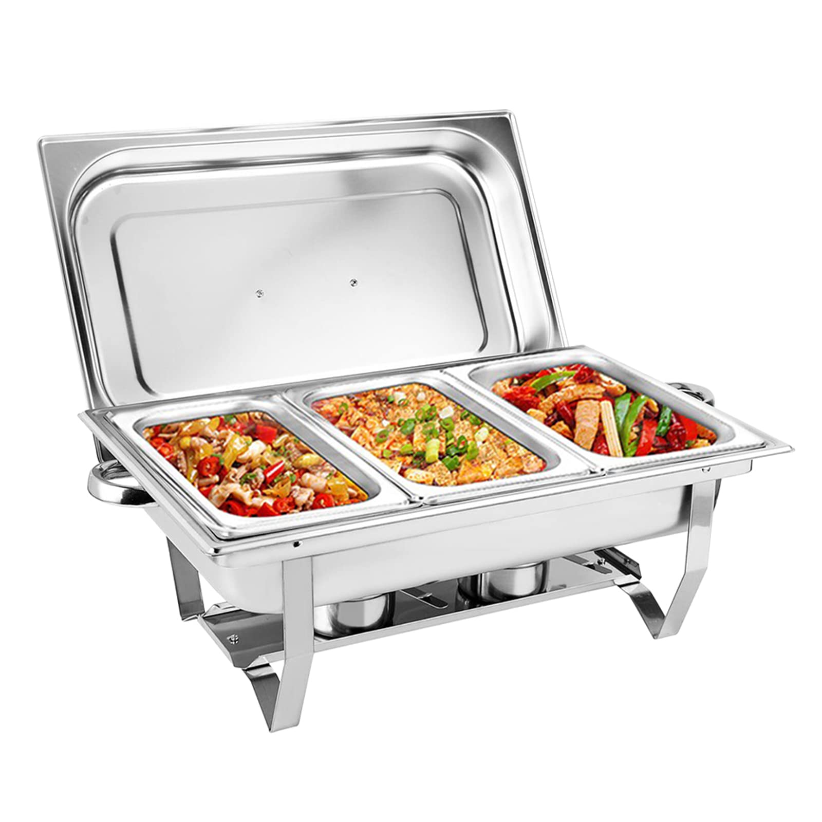 Chafer Taca cateringowa z uchwytami na paliwo, 9 l, podgrzewacz do żywności z pokrywką, składana stal nierdzewna, 3 patelnie na żywność, na imprezę bufetową, catering
